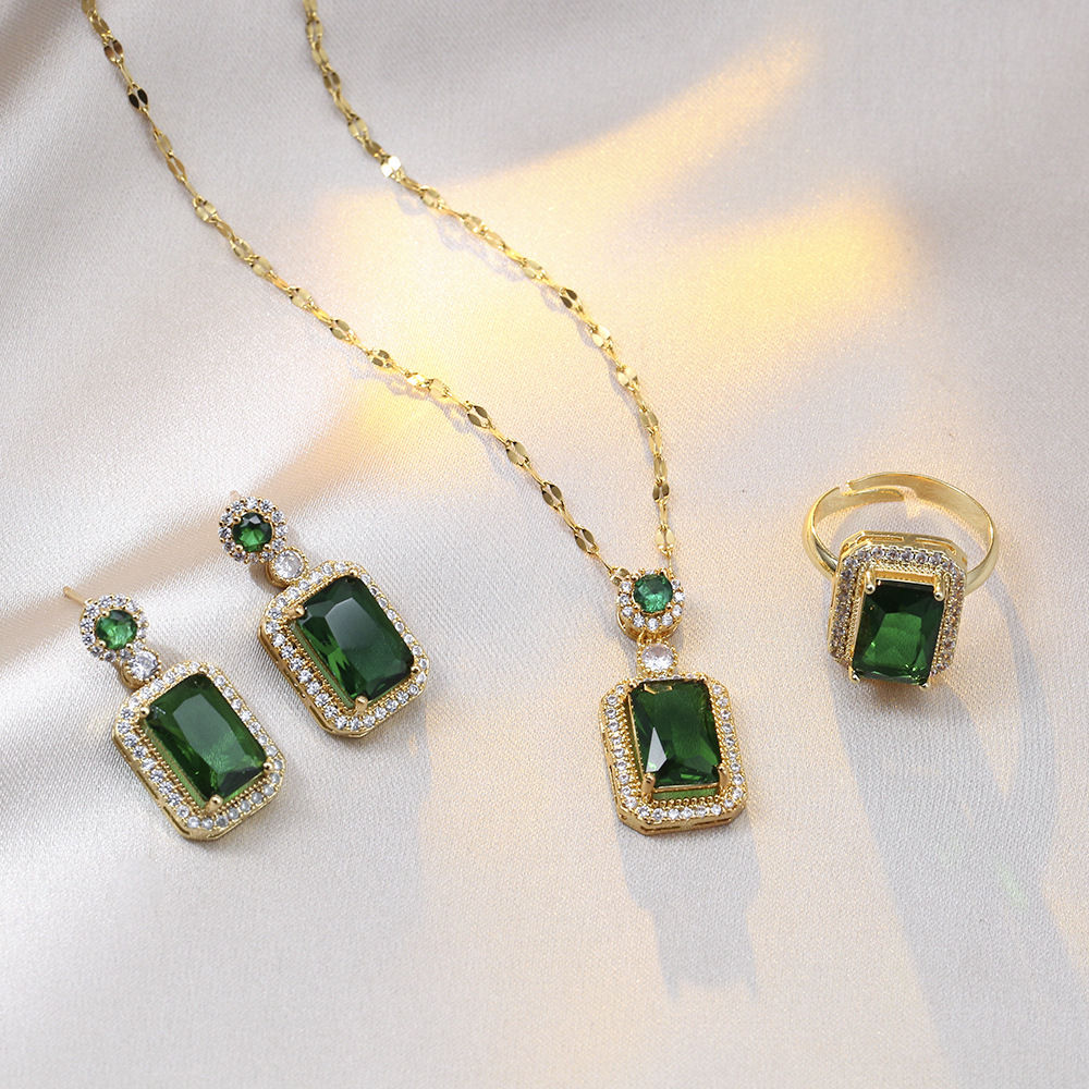 4PCS Sets Exquisite Quadrate Rhinestone Necklace Earrings Ring Jewelry Set Charm