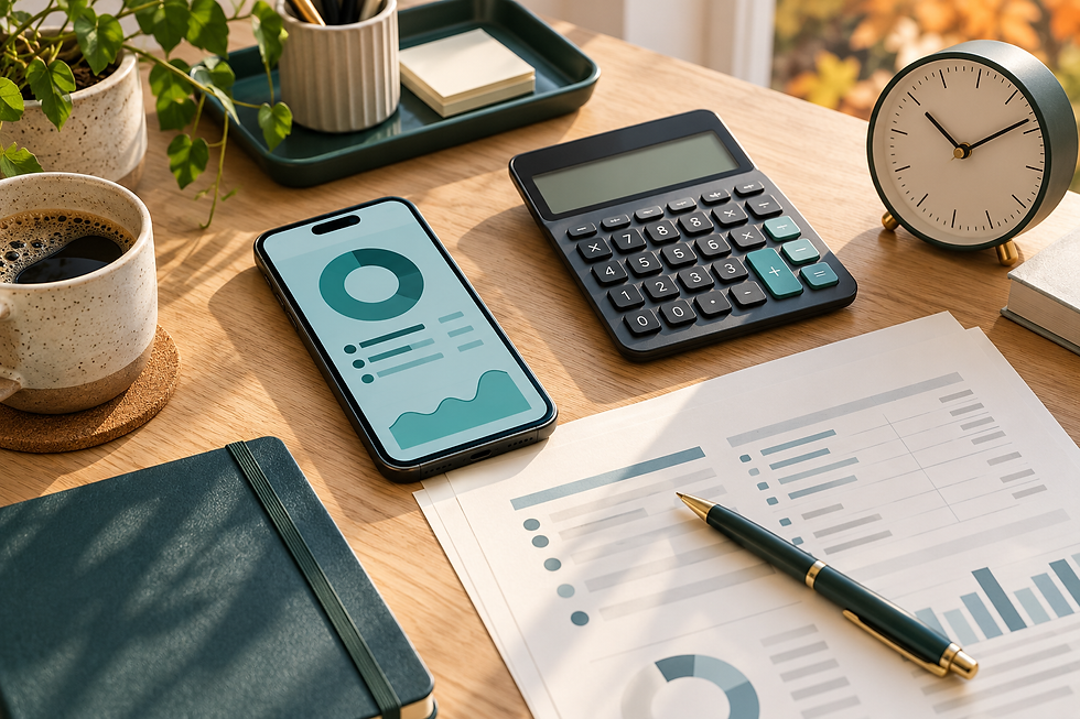 Phone, calculator and clock beside documents for an employer tax payment