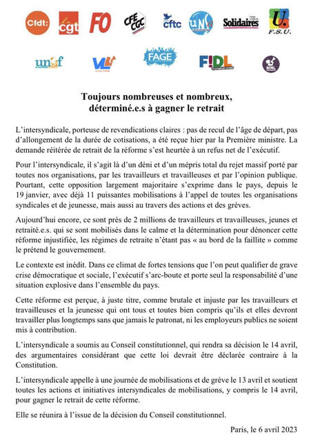 Intersyndicale du 06 avril 2023
