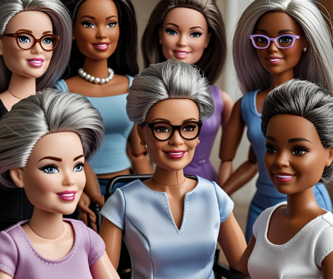 A diverse group of middle-aged Barbie dolls, each showcasing different hairstyles, outfits, and glasses, representing a variety of styles and personalities.