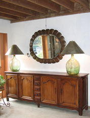 Brown wooden sideboard with lamps and mirror. Antiques. Joseph Stannard Antiques and Design.