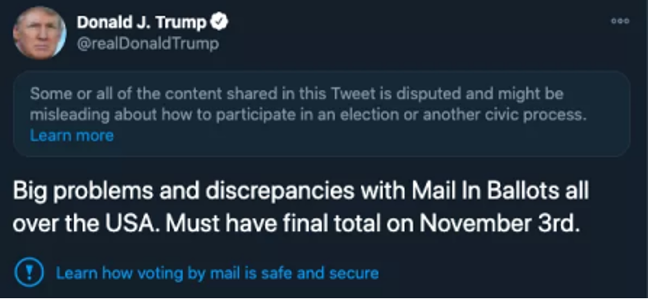 On January 6th, 2021, domestic terrorists stormed the U.S. Capitol in an attempt to stop Congress from certifying the results of the 2020 presidential election. The events of January 6 th are a chilling testament to the dangers of disinformation. Previous reports by DisinfoLab have discussed how disinformation spread in late 2020 on popular social media platforms including Twitter, Facebook, and YouTube precipitated the Capitol invasion. Surrounding this event, Twitter bots played a notable role in perpetuating the “Big Lie” and in obfuscating the truth of what happened in the days following the attack. In hindsight, most experts agree that the U.S. government should have seen the attack coming. In the months preceding the January 6 th insurrection, a flood of disinformation designed to undermine Americans’ trust in the results of the presidential election was unleashed across major social media platforms. Online chatter indicated that many Americans were taking these lies seriously. Unfortunately, security leaders underestimated the power of disinformation to produce real world violence. Disinformation began to appear in Americans’ feeds weeks before the election took place. Consider this tweet, alleging issues with mail in ballots, posted on October 26th.