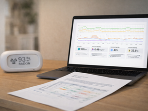 Sisäilmamittauksen mittalaite näyttää radonpitoisuuden 93 Bq/m³, tietokoneen näytöllä viikon mittausdata CO₂-, VOC-, kosteus- ja lämpötila-arvoista sekä tulostettu mittausraportti pöydällä.