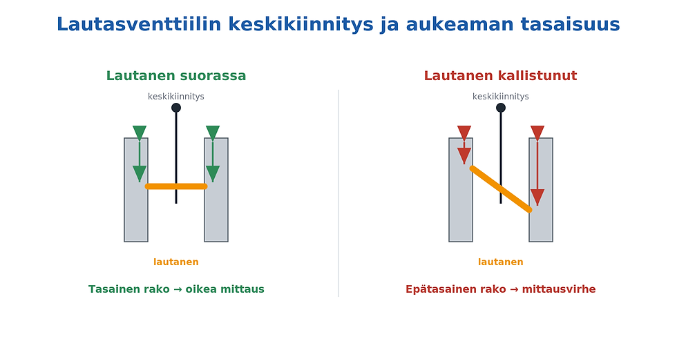 Kaaviokuva lautasventtiilin keskikiinnityksestä: suorassa lautanen antaa tasaisen raon, kallistunut lautanen epätasaisen raon ja mittausvirheen.