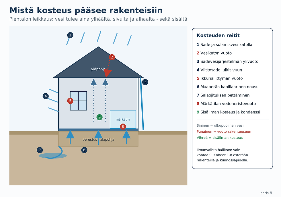 Pientalon leikkaus, jossa on numeroitu kosteuden reitit: sade ja sulamisvesi katolla, vesikaton vuoto, sadevesijärjestelmän ylivuoto, viistosade julkisivuun, ikkunaliittymän vuoto, maaperän kapillaarinen nousu, salaojituksen pettäminen, märkätilan vedeneristevuoto sekä sisäilman kosteus ja kondenssi.