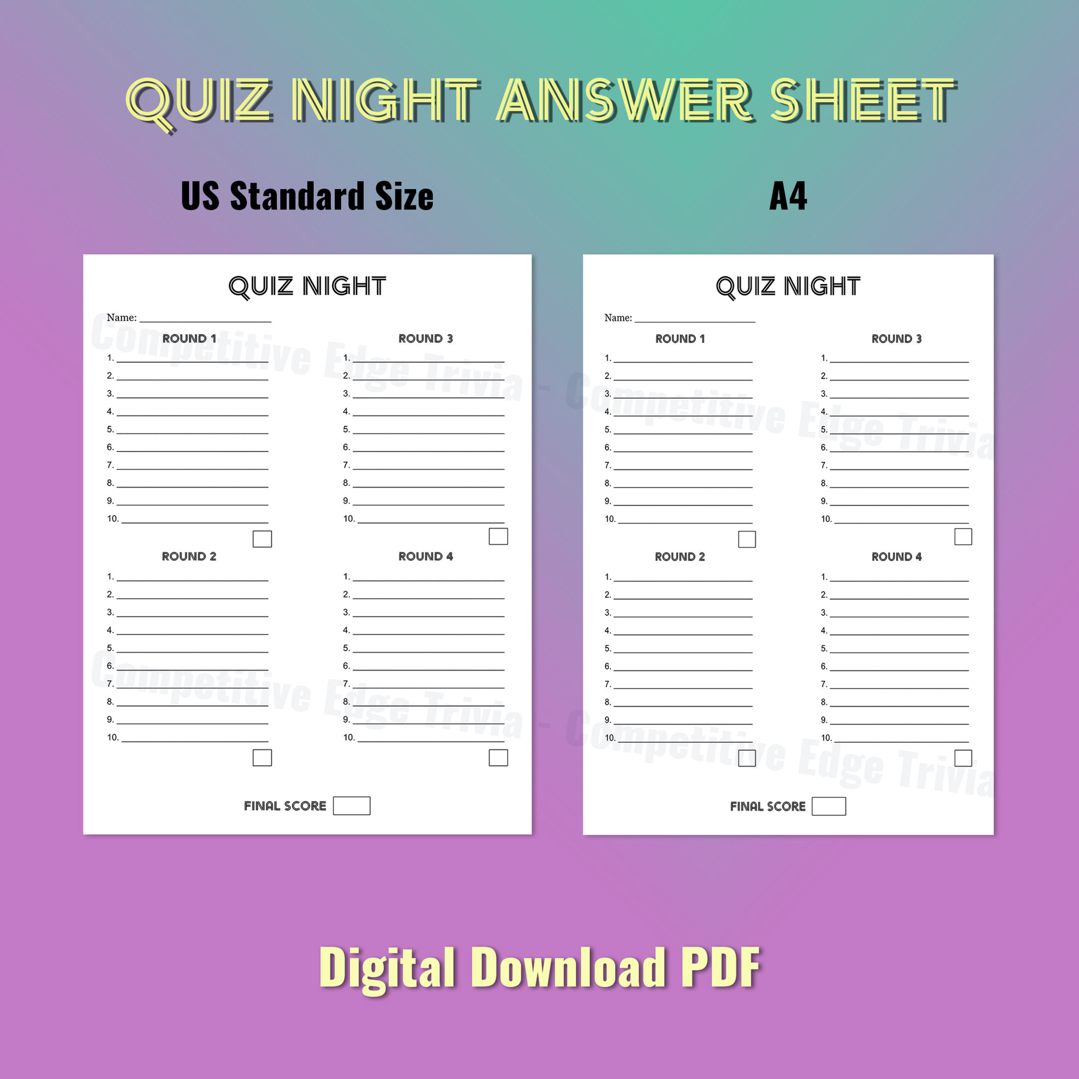 printable quiz night answer sheet in 2 sizes US standard and A4