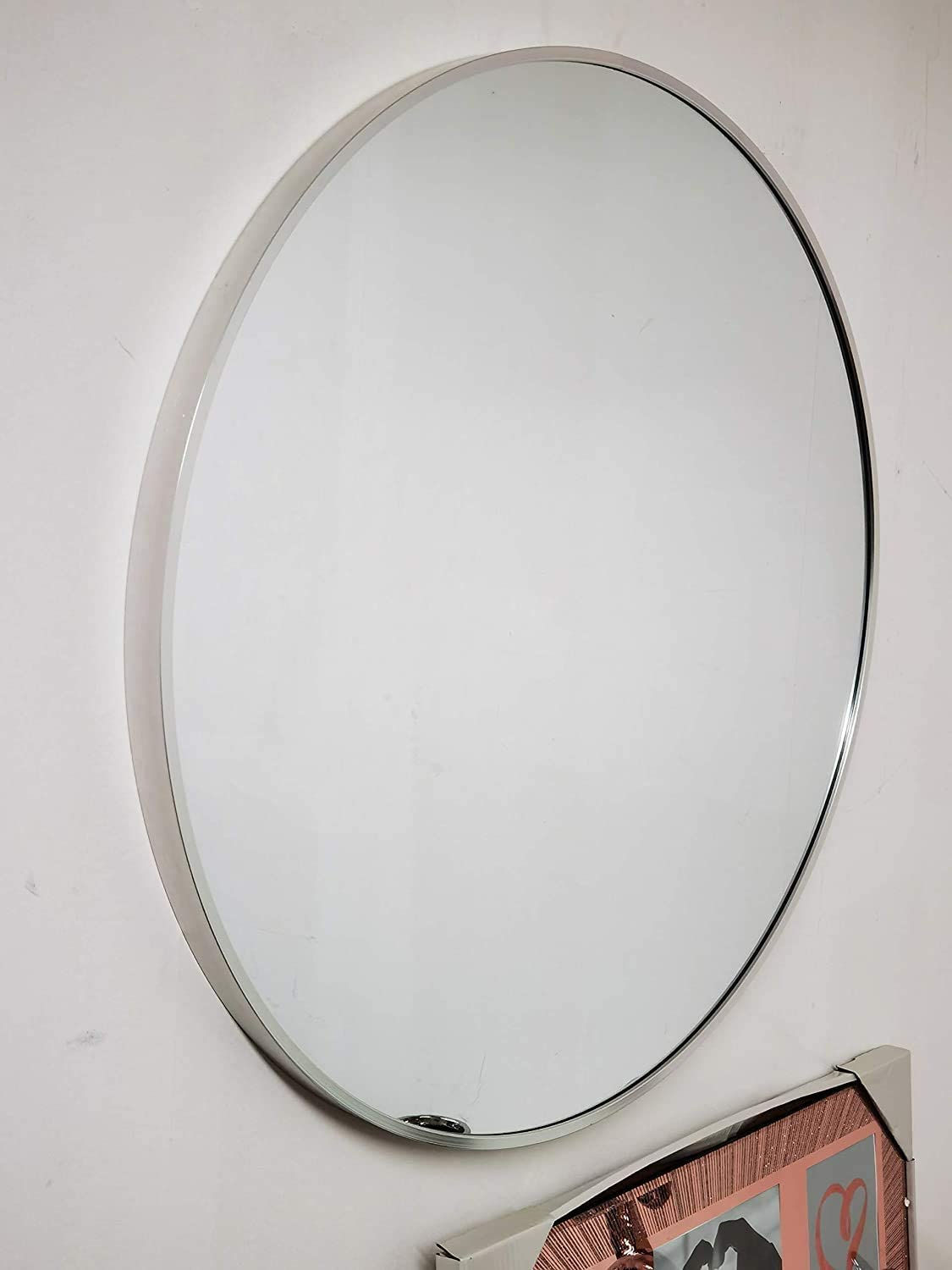 Large 60Cm Round Silver Wall Mounted Mirror Aluminium Frame