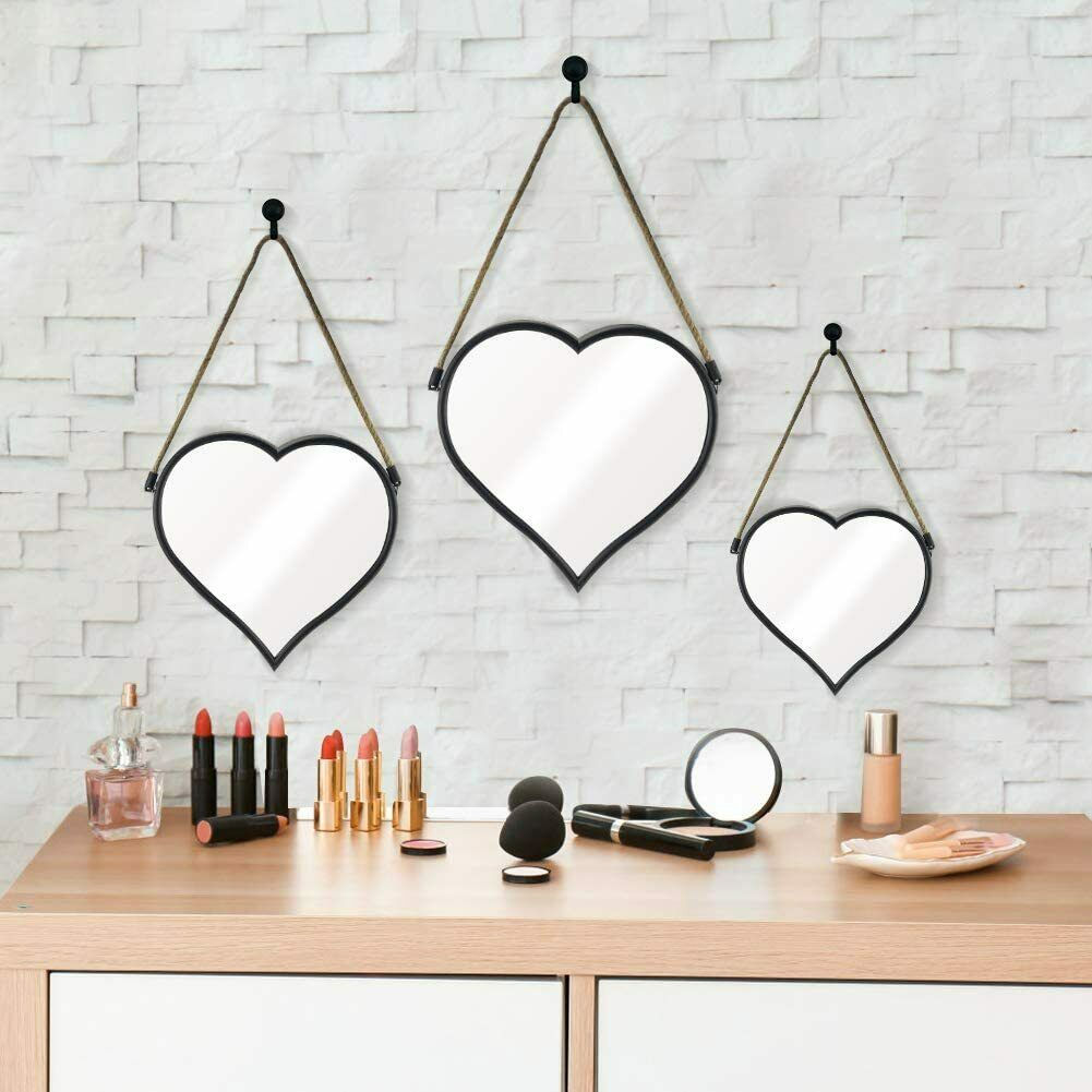 Set of 3 wall Hanging heart shape Wall Mirrors rope black Decor Modern New Trend