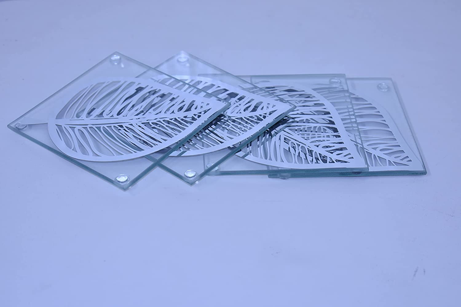 4x Leaf Shape Coaster New Set Of 4 Glass Silver Coasters
