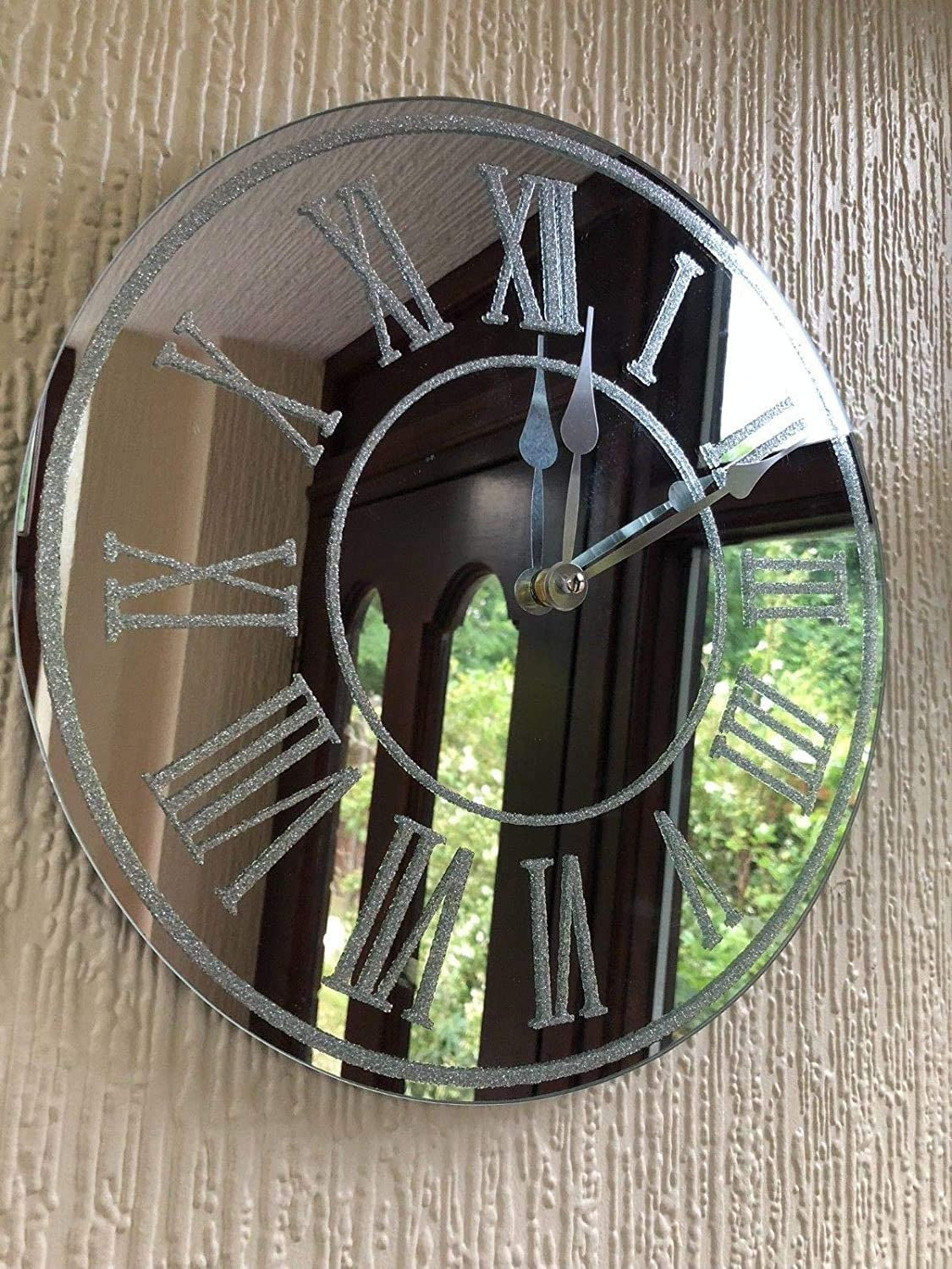 35cm Round Silver Sparkle Glitter Mirrored Wall Clock Roman Number
