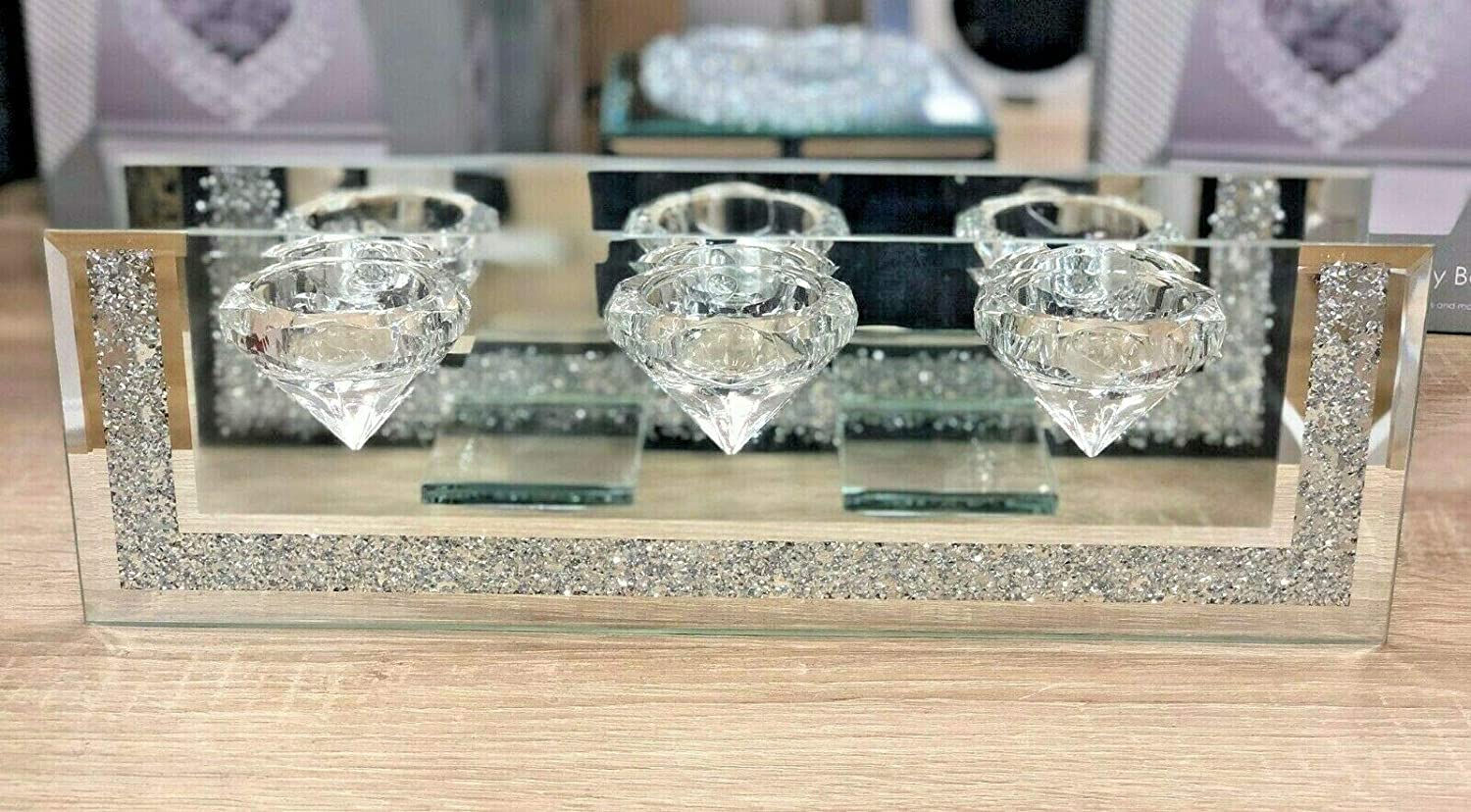 Crushed Crystal Triple Tealight 3 Candle Holder with glass