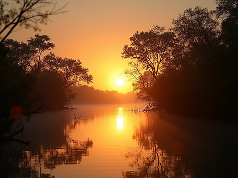 atmospheric shot sunrise over calm backwaters silhouetted mangroves golden lighting natura