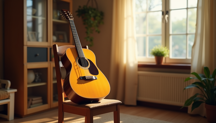 Eye-level view of a beginner guitar resting on a wooden chair in a cozy room