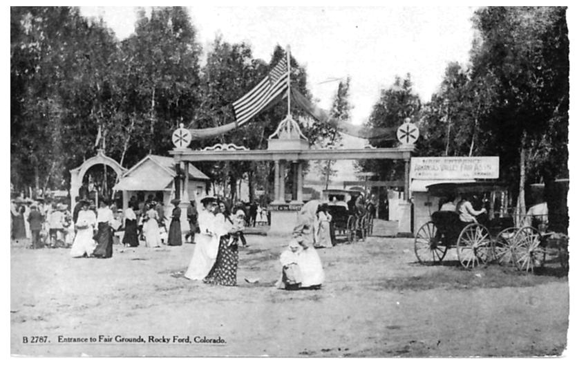Visitors at the Arkansas Valley Fair entrance around 1907