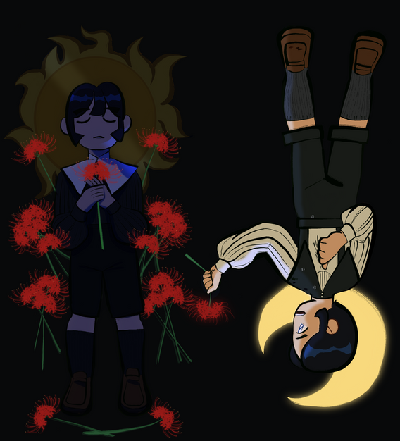 Two children, twins, lay in darkness. On the left, a child rests surrounded by glowing spider lilies, in his hands laid across his chest is a spider lily. Beneath his head is a shadowy sun. His short hair is dark blue and his skin is pale in purple shadow. His clothes black save his white high neck collar.

Opposite to him, upside down, is his twin sister. While he is shadow, she is in light. She is crying, tears are falling down and staining her clothes as she calls out for her brother. She is clutching her shirt and her other hand is holding a spider lily so tight its stem is breaking in her grasp. Unlike her brother, her collar is black and her balloon sleeved shirt is ivory. She wears black overalls, knee socks and brown loafers, one darkened with spilled tears. Behind her head is a glowing crescent moon. It is the warmest and brightest thing in the image.
