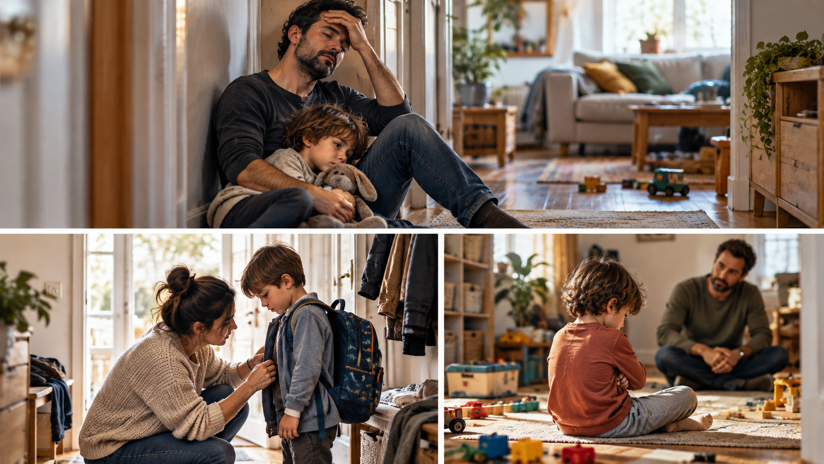 Tres escenas familiares reales: después de un conflicto, prepararse para salir y recuperar la calma
