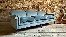 three seat davenport scroll arm sofa in omega storm  blue velvet