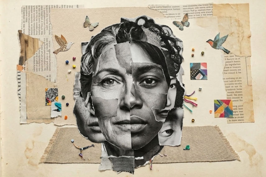 Colagem analógica em estilo scrapbook representando a multiplicidade da identidade humana. No centro, um rosto é formado por recortes de fotografias em preto e branco de diferentes pessoas, de diversas etnias e idades, simbolizando a complexidade da subjetividade. A composição é decorada com borboletas, pássaros, alfinetes coloridos e retalhos de tecido sobre páginas de papel envelhecido, reforçando a ideia de uma terapia que acolhe todas as camadas do indivíduo.