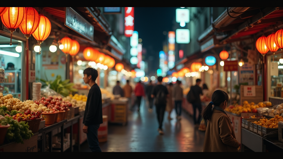 Eye-level view of a bustling night market in Taiwan