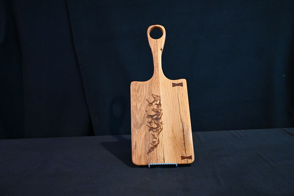 Thumbnail: Bread Board: Reclaimed Oak with Horses Carving & Walnut Butterflies