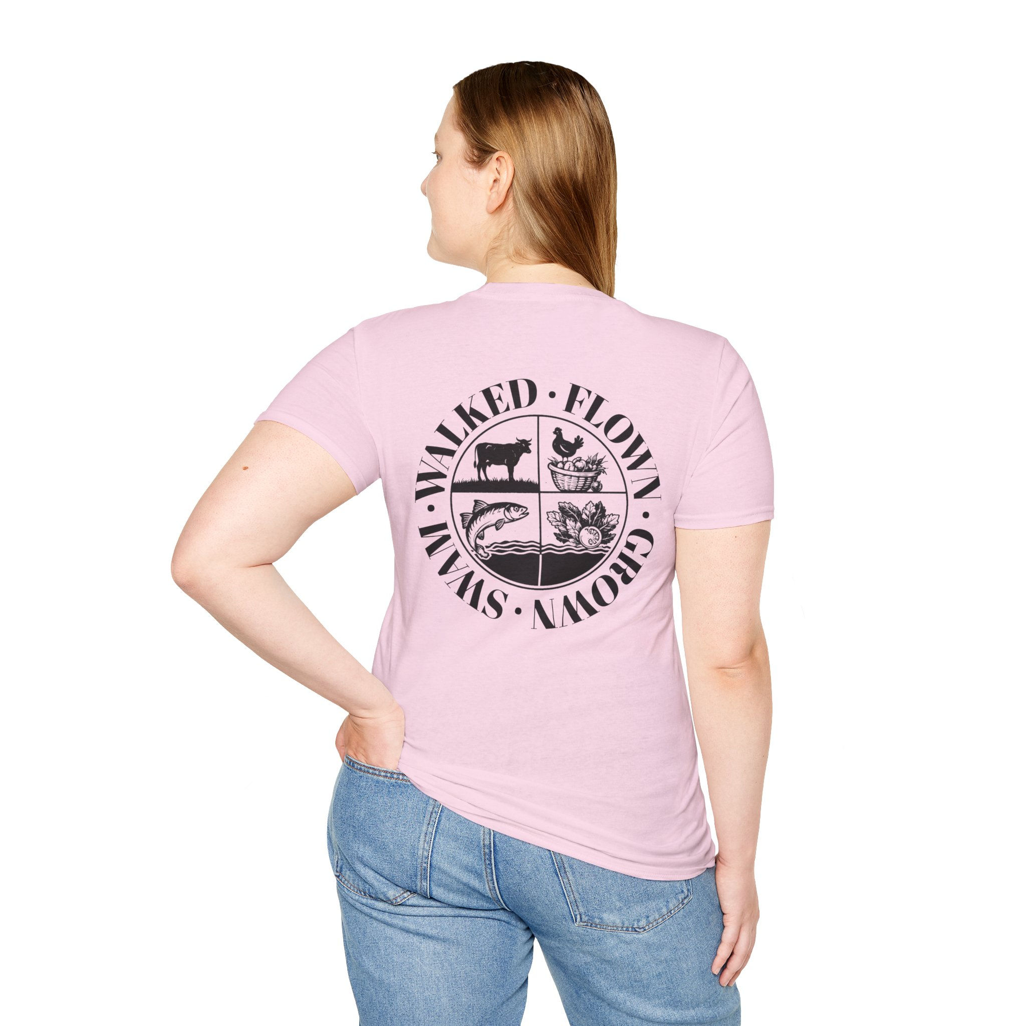 "WFGS" Women's/Unisex Circle Graphic Tee — 'Walked • Flown • Grown • Swam'