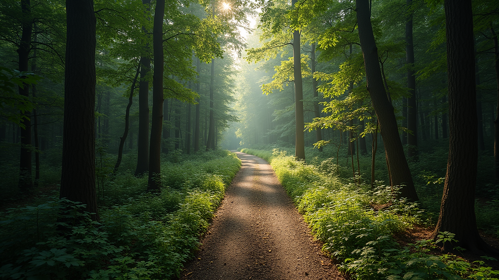 High angle view of a quiet forest path symbolizing spiritual journey