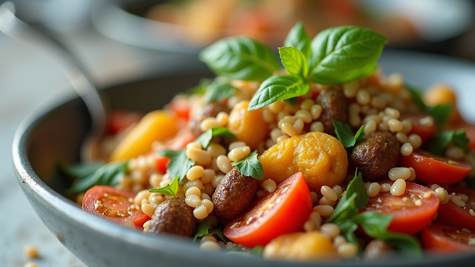 Close-up view of a healthy meal with colorful vegetables and grains