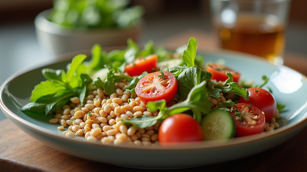 Close-up view of a healthy meal with fresh vegetables and grains