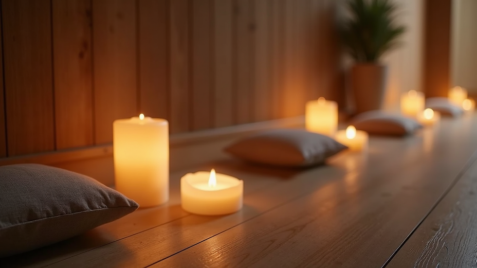 Eye-level view of a serene meditation space with candles and cushions