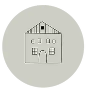 Iconic house illustration featuring a circular design with a window and door, symbolizing organization and home