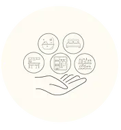 Icon depicting a hand holding a house, car, and boat, illustrating how our service works seamlessly for your needs