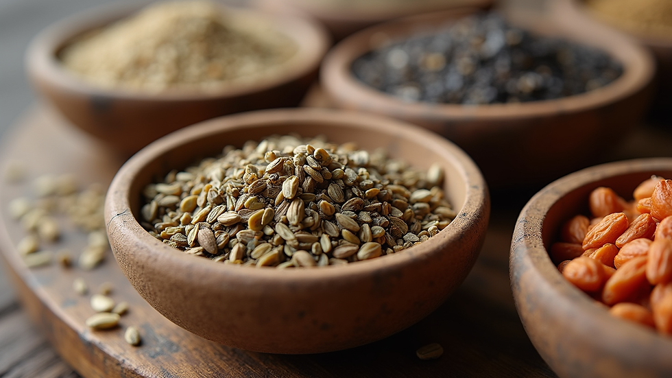 Eye-level view of dried herbs and seeds in small bowls
