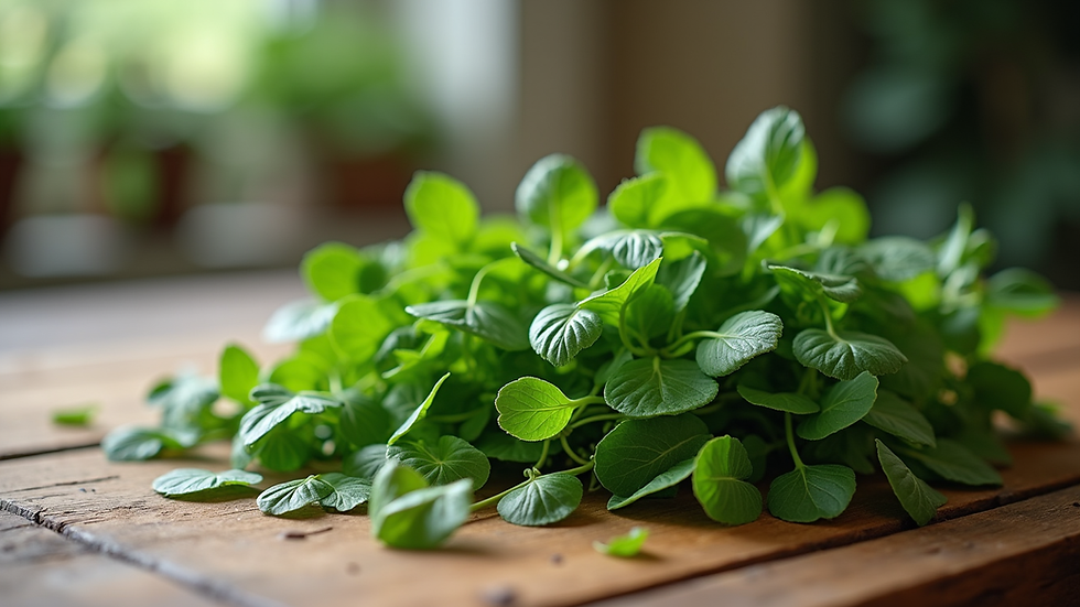 Close-up view of fresh green herbs on a wooden table