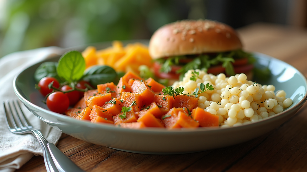 Close-up view of a healthy meal including protein-rich foods, complex carbohydrates, and healthy fats