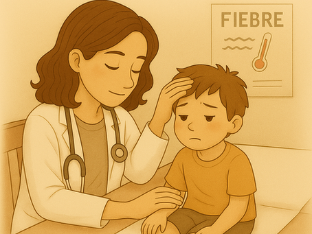 lustración de una médica pediatra evaluando la fiebre de un niño en el consultorio.