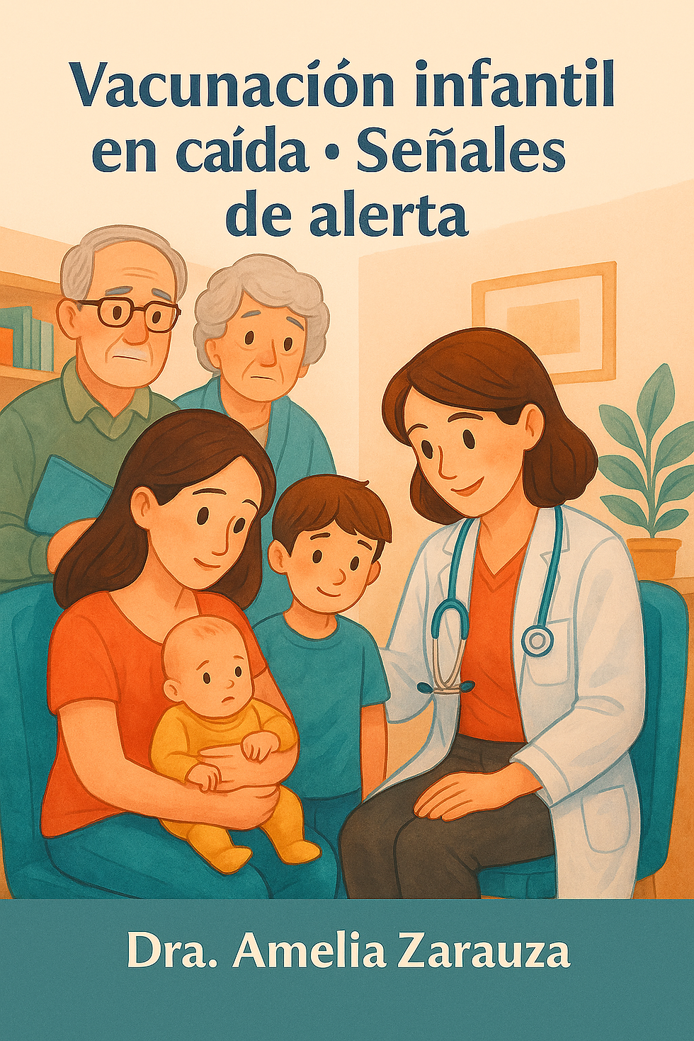 lustración de una pediatra acompañando a un niño en el consultorio, junto a su familia, para hablar sobre la importancia de mantener el calendario de vacunación infantil.