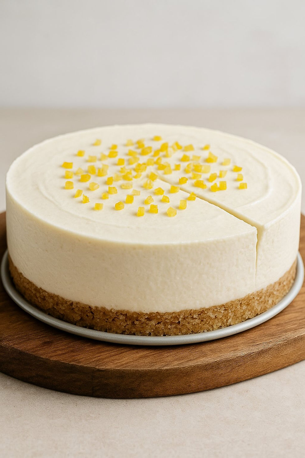Whole no-bake vegan creamy coconut cream cheesecake in a springform tin with a smooth creamy surface and tiny diced candied lemons on top for decoration.