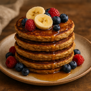 Stack of fluffy gluten-free, dairy-free banana oat pancakes drizzled with maple syrup and topped with sliced bananas and fresh berries.