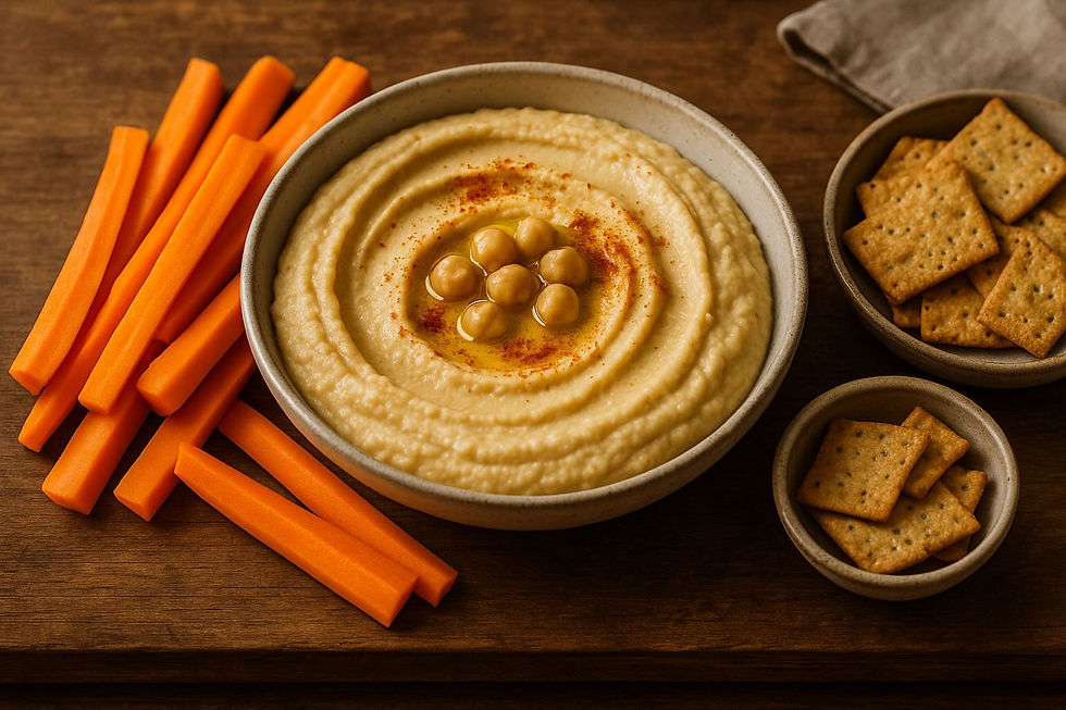 Bowl of gluten-free, dairy-free hummus topped with olive oil, paprika, and chickpeas, surrounded by carrot sticks and gluten-free crackers.