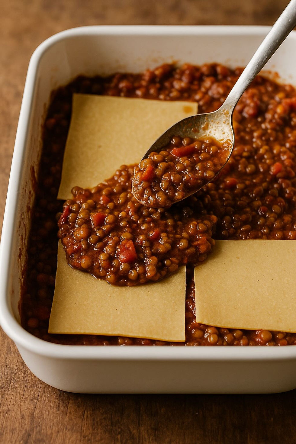 Close-up of lentil ragu being spread between layers of gluten-free pasta sheets, showing rich tomato sauce texture.