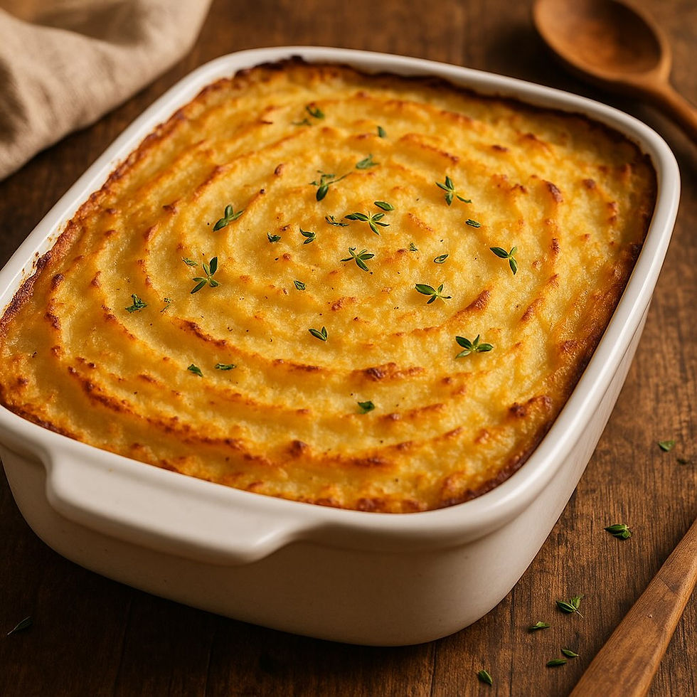 Whole vegan shepherd’s pie in a white baking dish, bubbling hot with crisp golden potato topping and fresh thyme garnish.