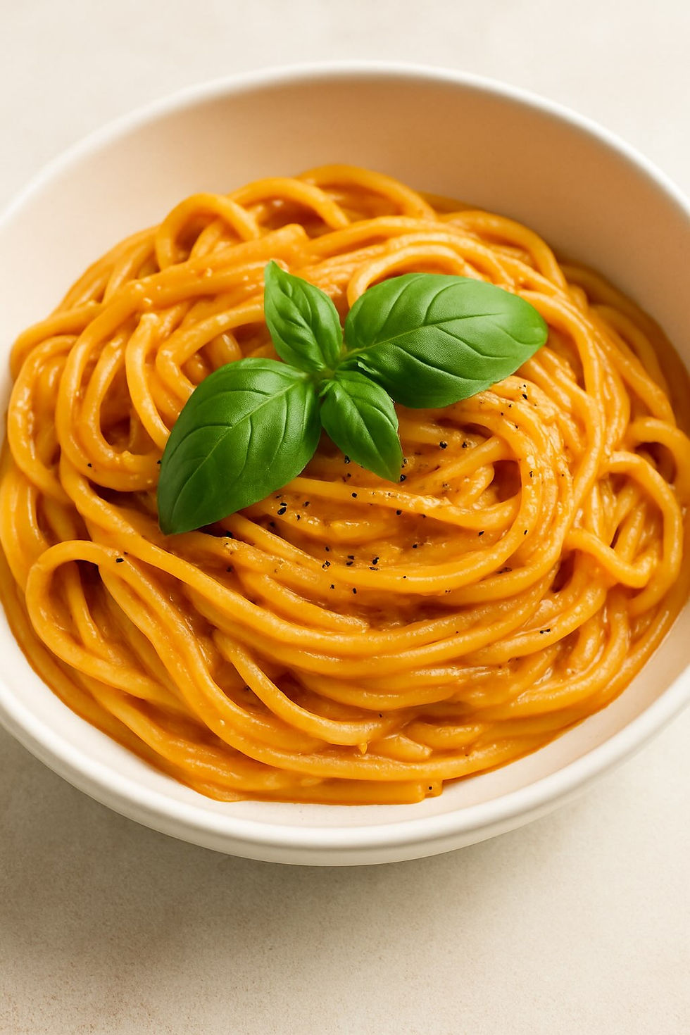 Close-up of creamy one pot pasta in a white bowl topped with fresh basil and cracked pepper.