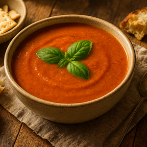 A bowl of creamy gluten-free, dairy-free tomato basil soup made with coconut cream, topped with fresh basil leaves and served in a rustic farmhouse-style setting with crackers and bread cubes around the sides.