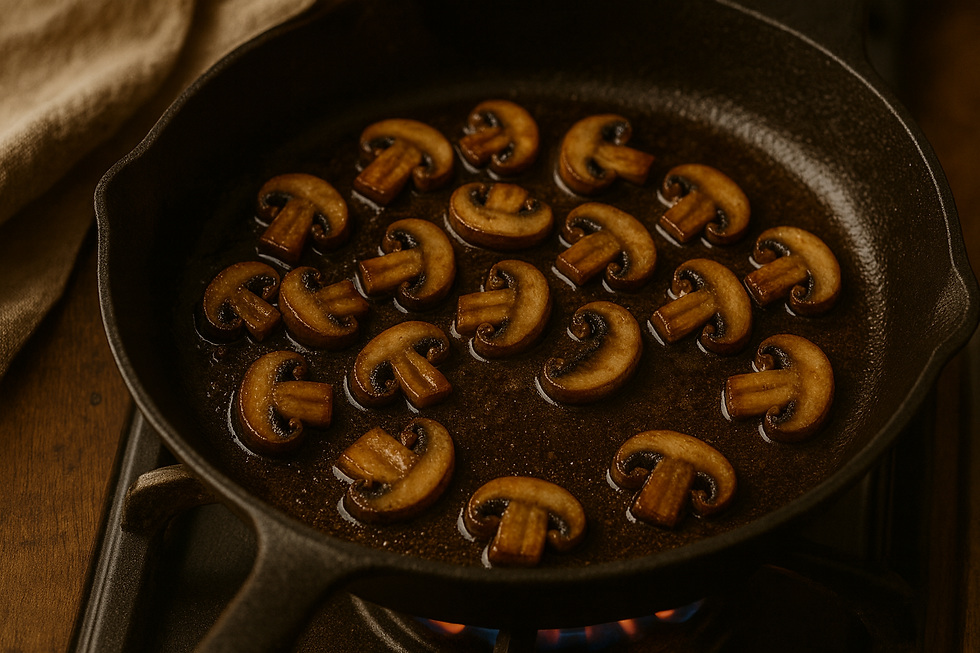 Sliced mushrooms sizzling in a frying pan on a hob with a visible flame underneath, lightly browned and cooking in olive oil.