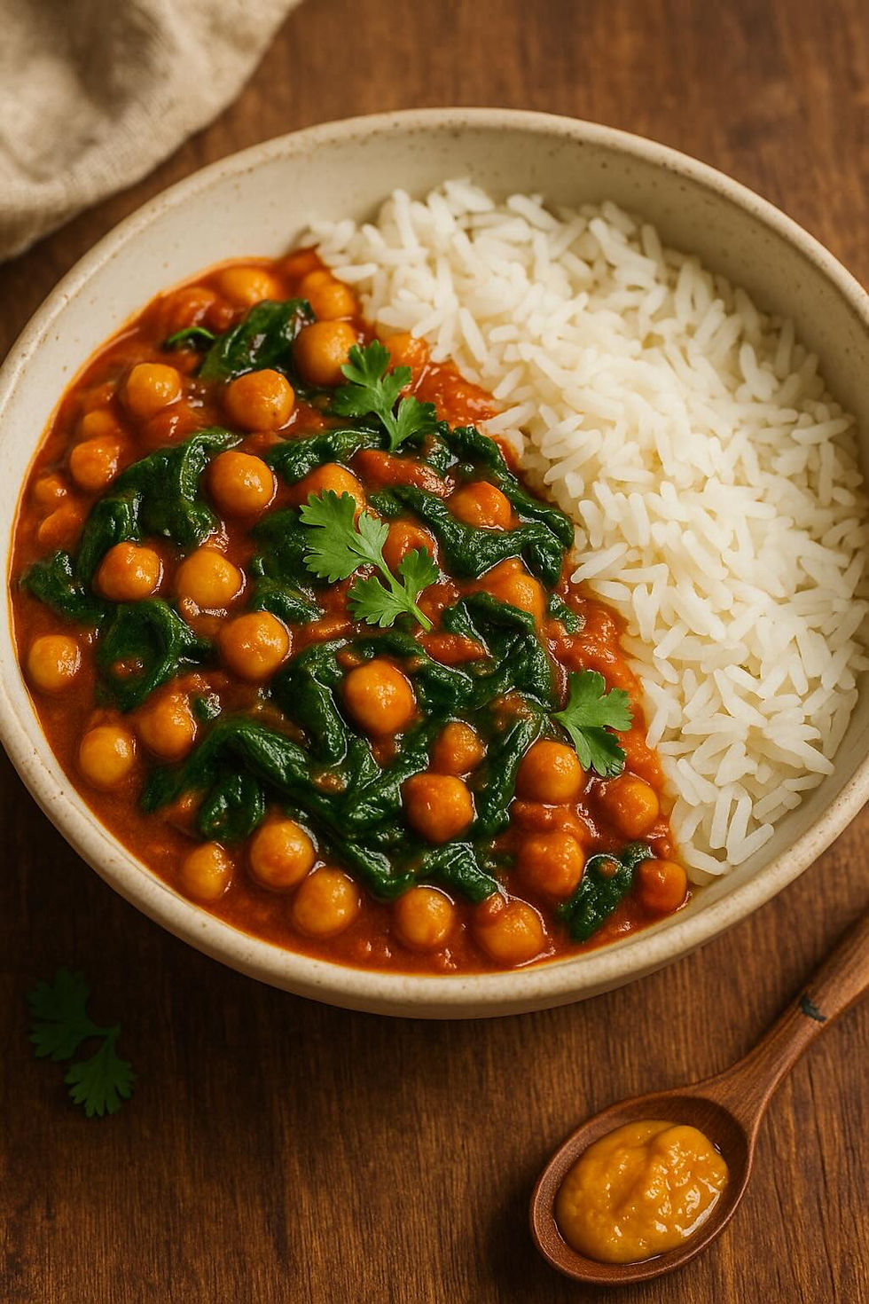 Bowl of gluten-free, dairy-free chickpea and spinach curry served with fluffy basmati rice and topped with fresh coriander.