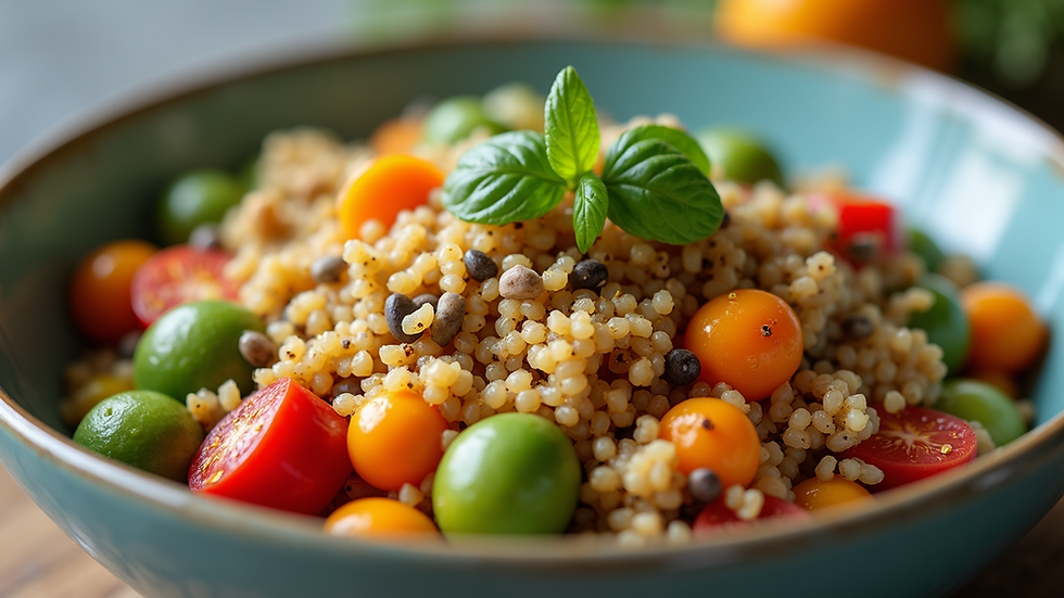 Close-up view of a bowl filled with colourful quinoa and vegetables