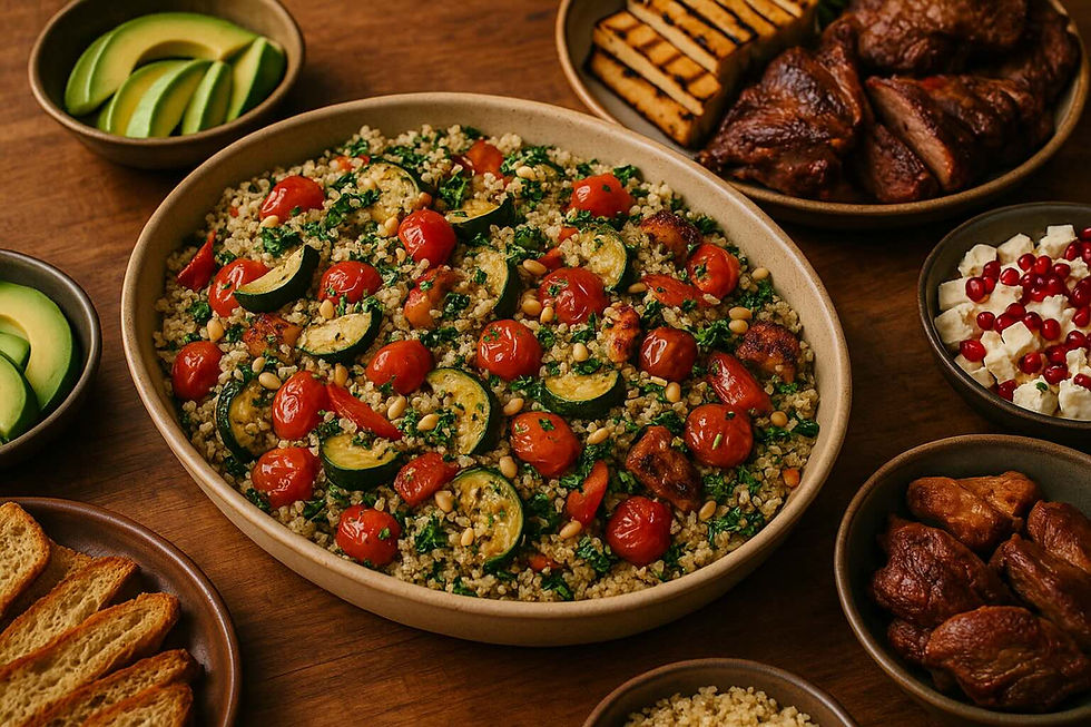 Close-up view of a bowl of quinoa salad with roasted vegetables