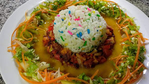 Confetti Rice, Dhal, Smoke Herrings with Salad
