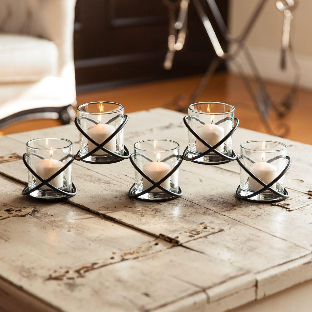 Five Glass Multiple Candleholder on Orbits Metal Stand