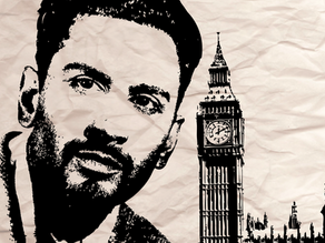 Depiction of Sam Selvon against the backdrop of 1950s-era London, England